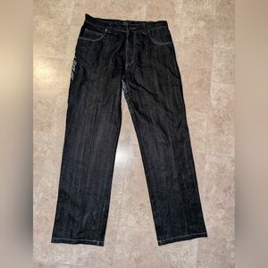 Vtg Raw Blue Jeans 90s Y2K Embroidered Ruthless Conspiracy Pocket Art 36/34 Blk